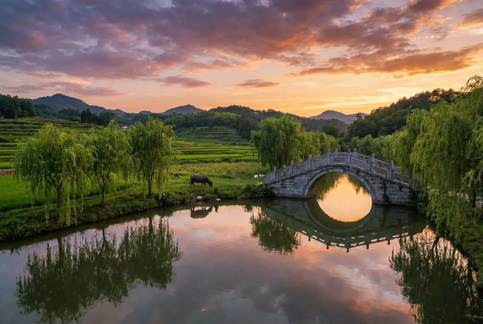 夕阳下的石拱桥与垂柳，水牛在河边吃草 - 秋月小町 乡村美景